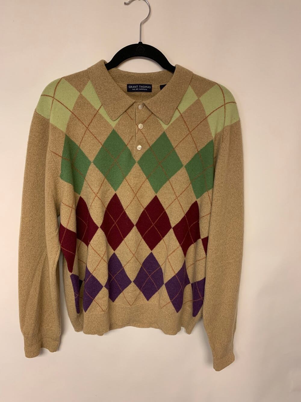 Grant Thomas Cashmere Mens Polo Sweater Argyle Vintage Preppy Luxury SZ L